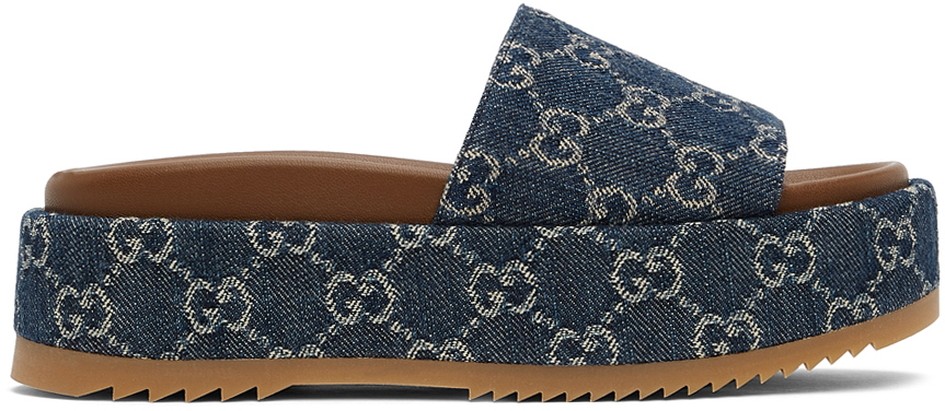 Gucci Blue Denim Platform Slide Sandals In 4402 Bluetea