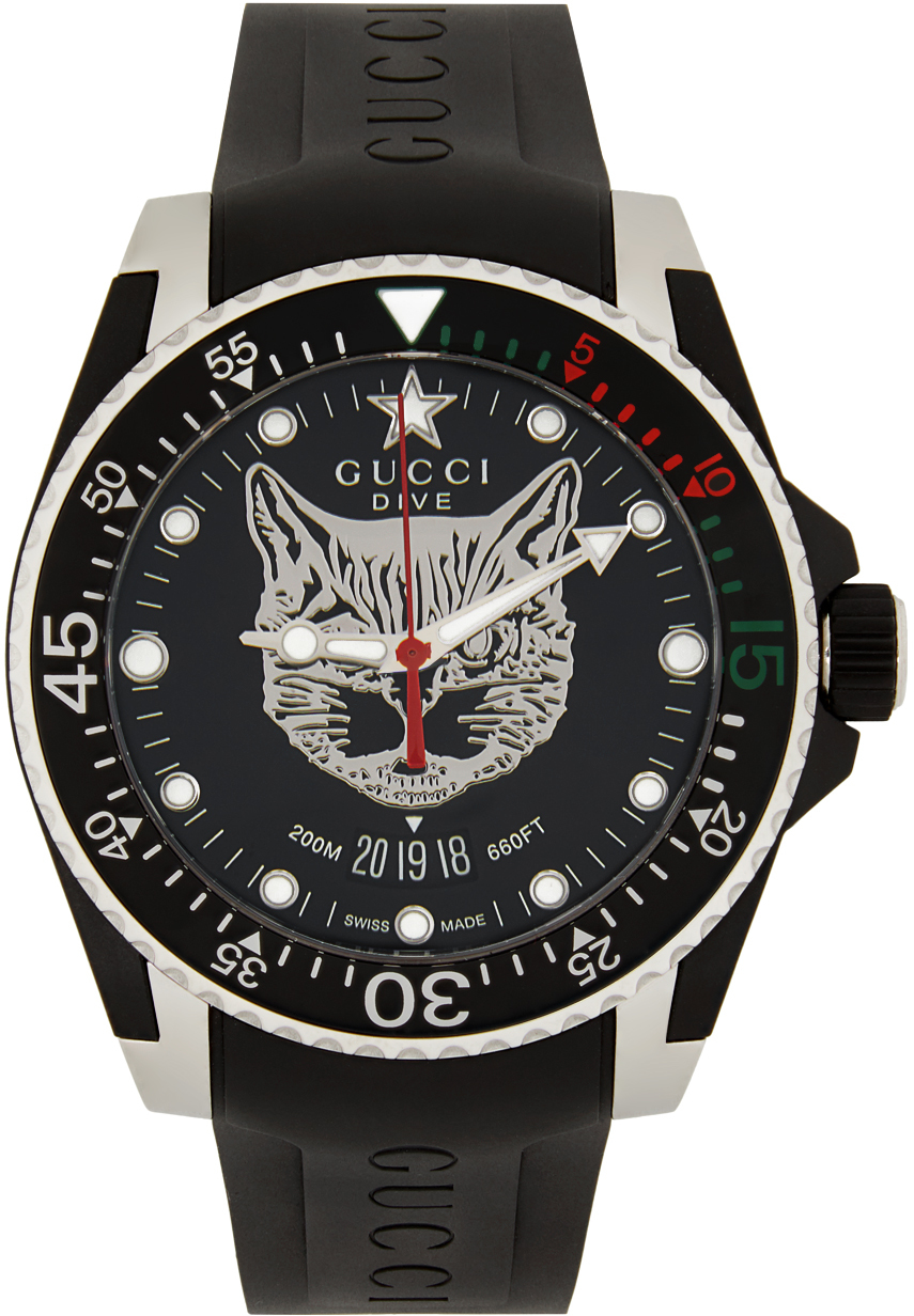 Gucci: Black \u0026 Silver Feline Dive Watch 
