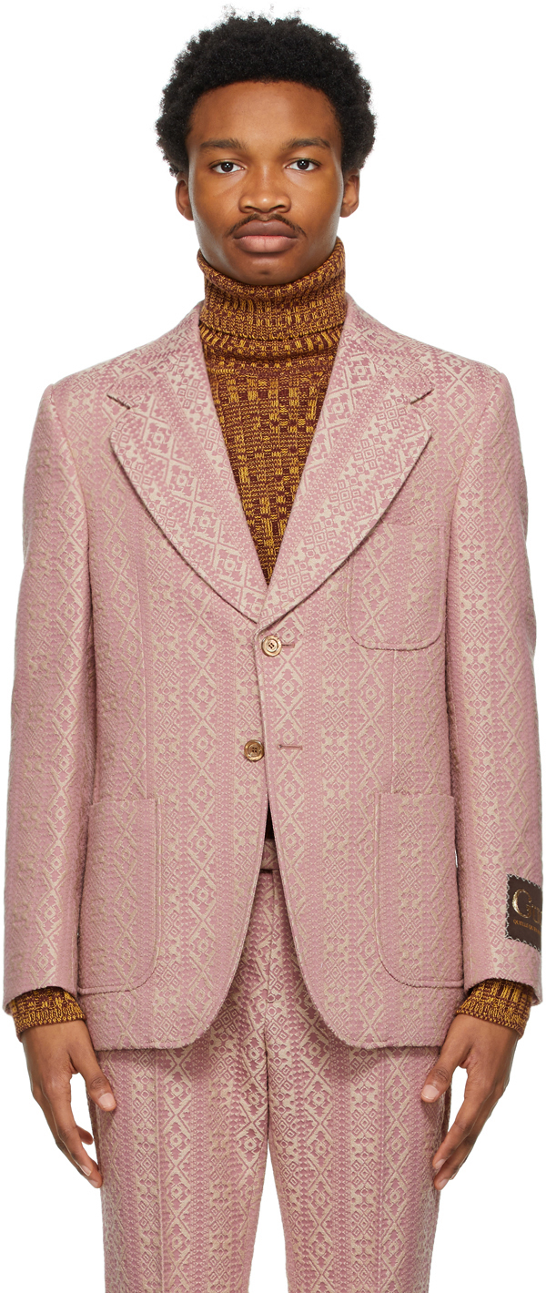 Gucci Pink Wool Silk Jacquard Logo Blazer 211451M195033