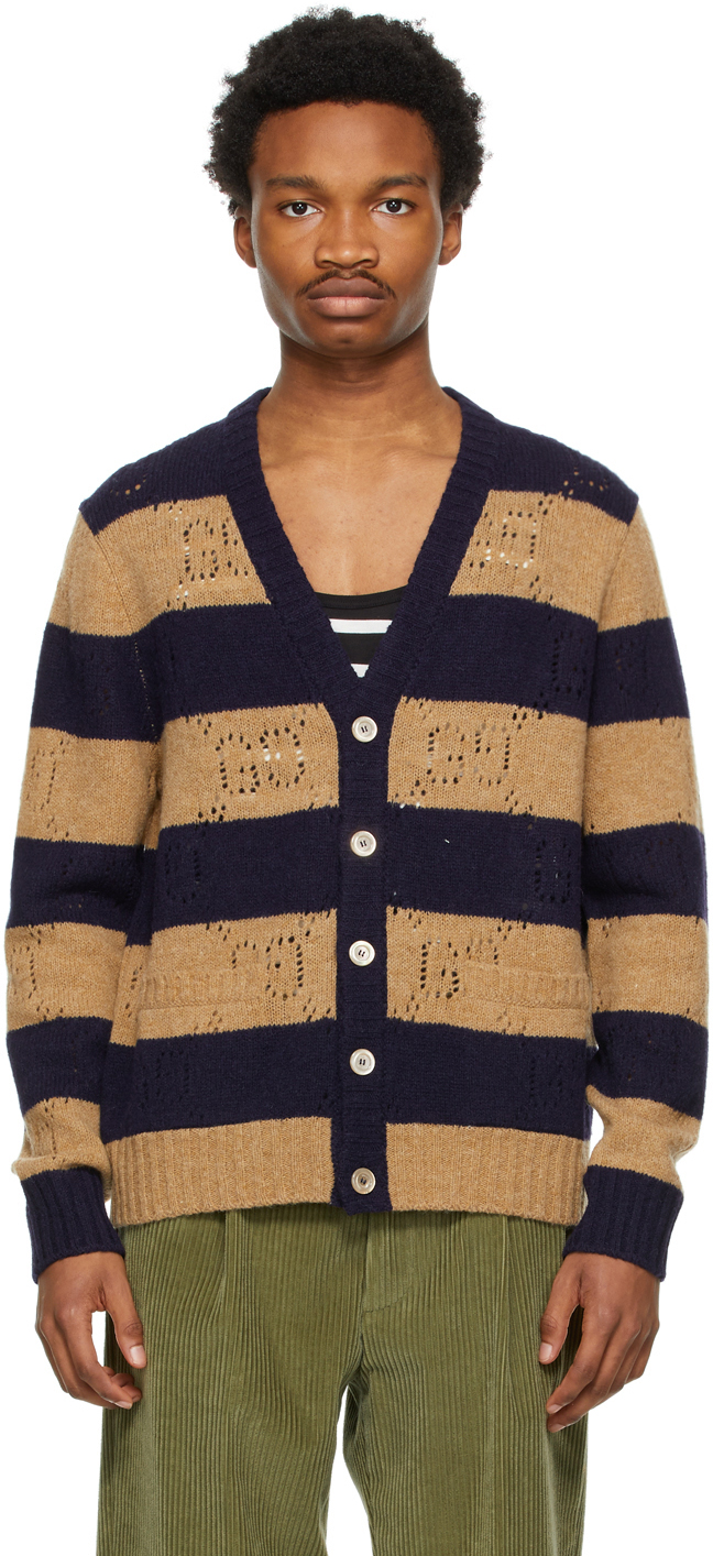 Gucci: Navy & Brown GG Knit Wool Cardigan | SSENSE