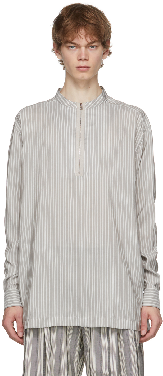Ermenegildo Zegna Grey & White Silk Striped Shirt