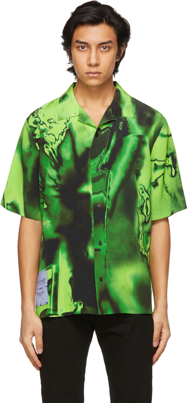 MCQ: Black & Green Silk Rave Short Sleeve Shirt | SSENSE