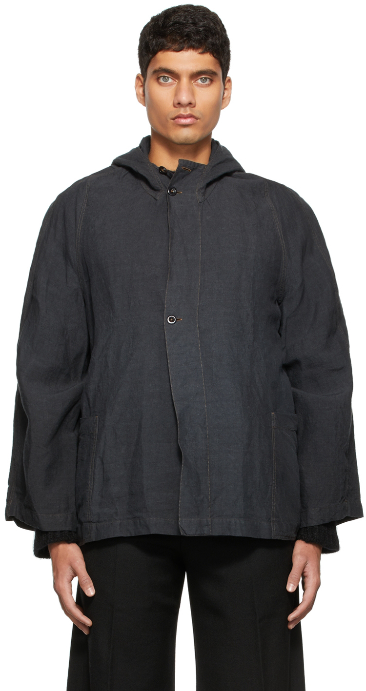 Black Pleated Button Hoodie by 3MAN on Sale