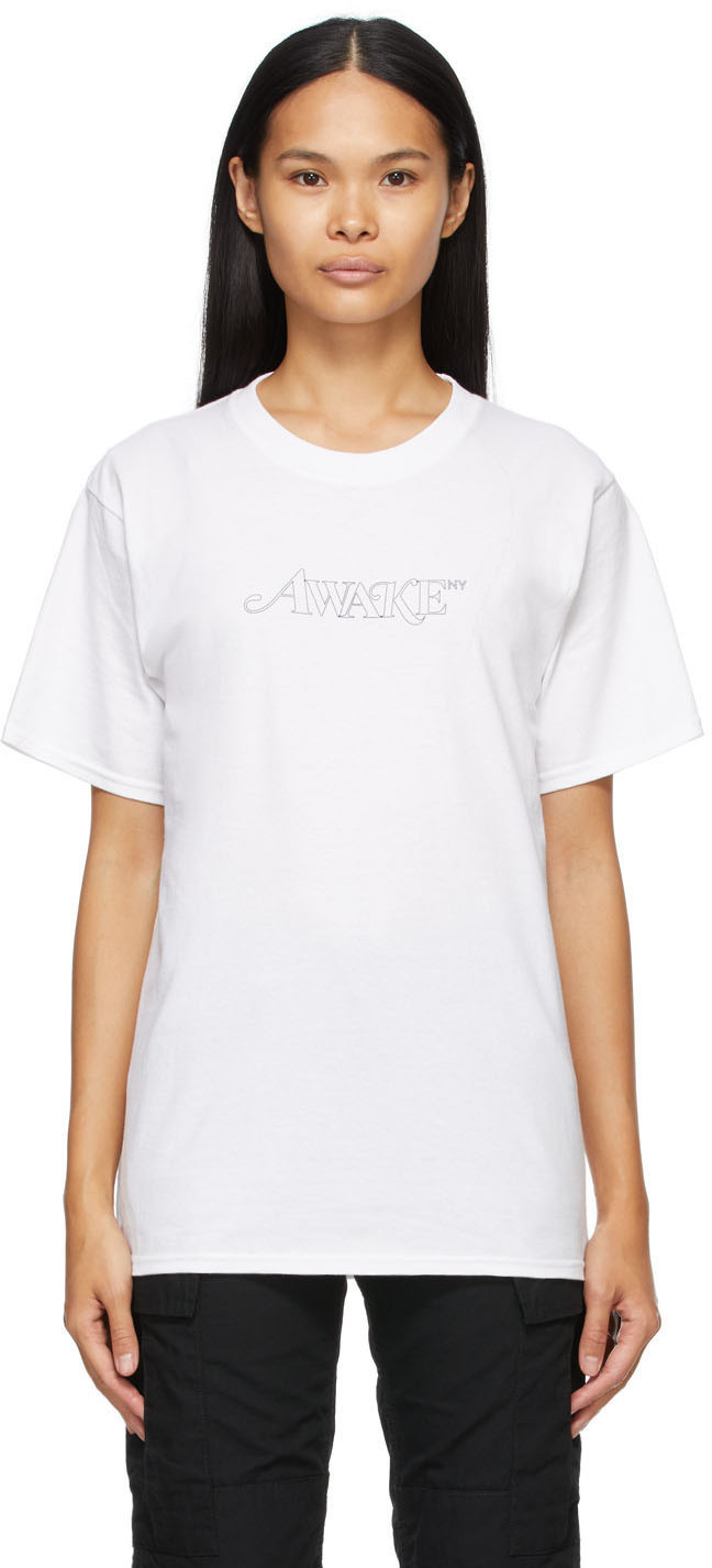 Awake NY: White Classic Outline Logo T-shirt | SSENSE