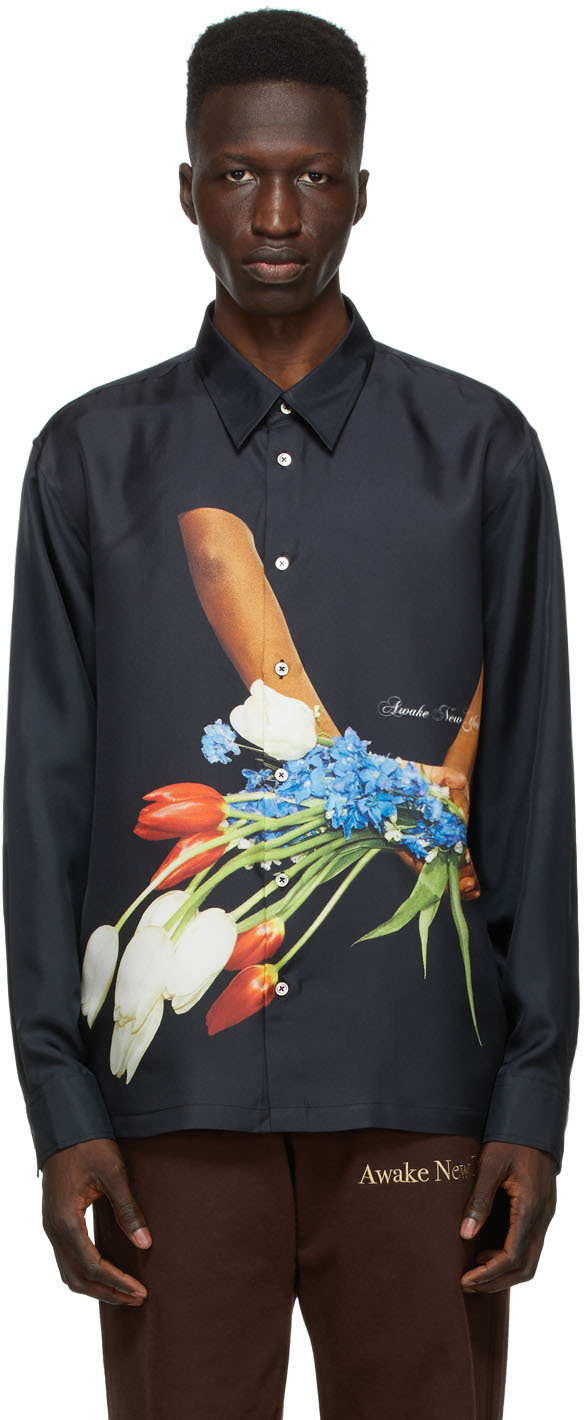 Awake NY: Black Silk Flowers Shirt | SSENSE