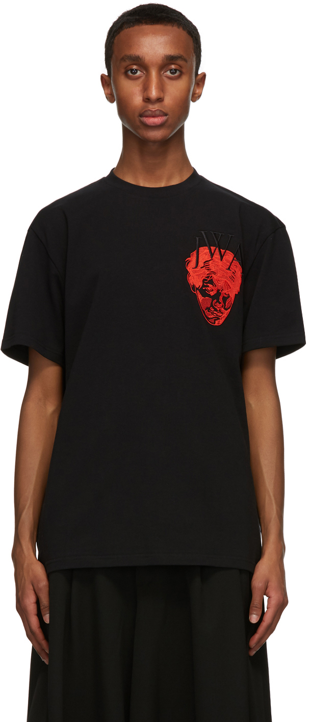 JW Anderson: Black Embroidered Face JWA T-Shirt | SSENSE Canada