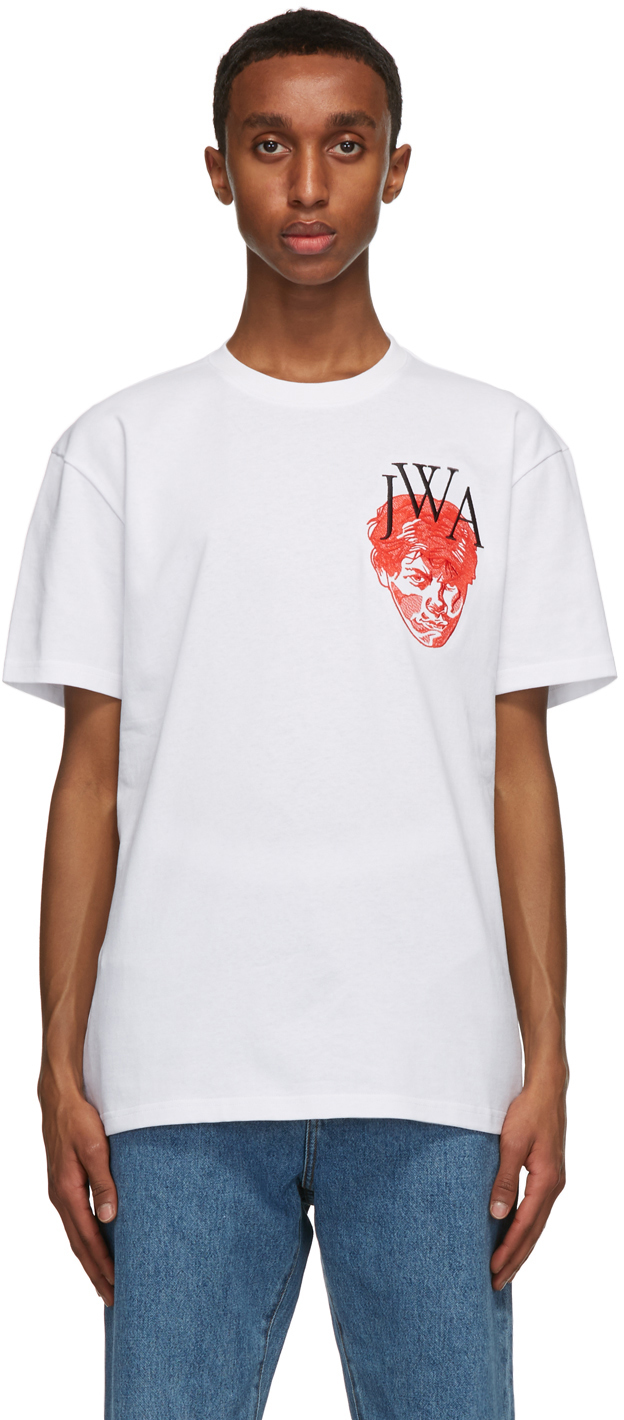 JW Anderson: White Embroidered Face JWA T-Shirt | SSENSE