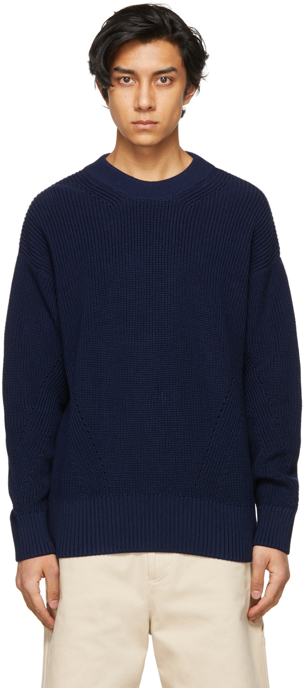 AMI Alexandre Mattiussi Navy Ribbed Boxy Sweater