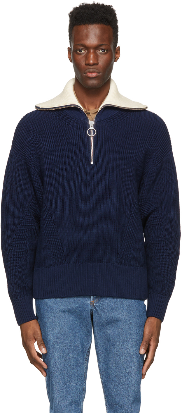 AMI Alexandre Mattiussi: Navy Zipped Collar Jumper | SSENSE