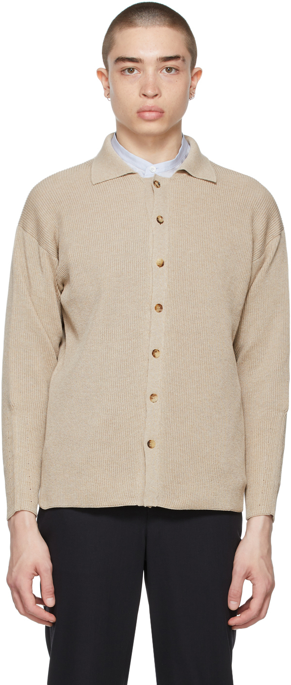 Beige Flat Yarn Rib Knit Cardigan