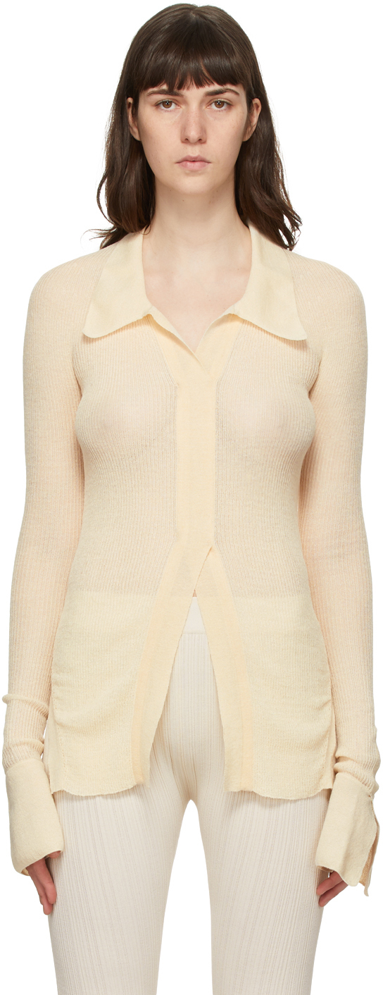 System: Beige Knit Elongated Long Sleeve Polo | SSENSE