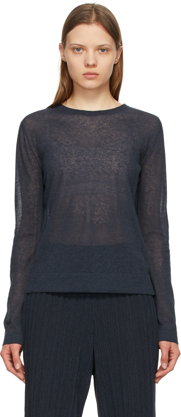 Navy Sheer Pullover Sweater by LE17SEPTEMBRE on Sale