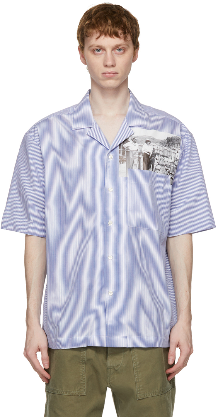 PRESIDENT's: Blue Pinstripe Picture Print Rangi Short Sleeve Shirt ...