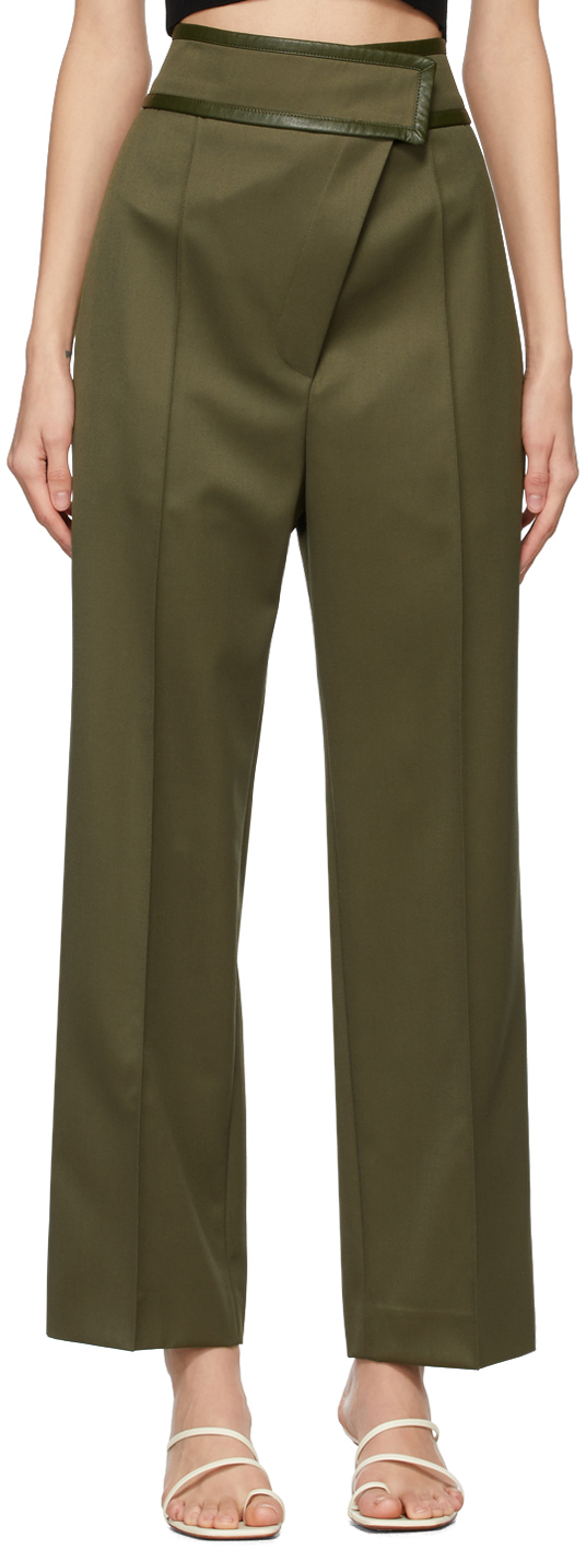Khaki Wool Slanted Fastening Trousers by DRAE on Sale