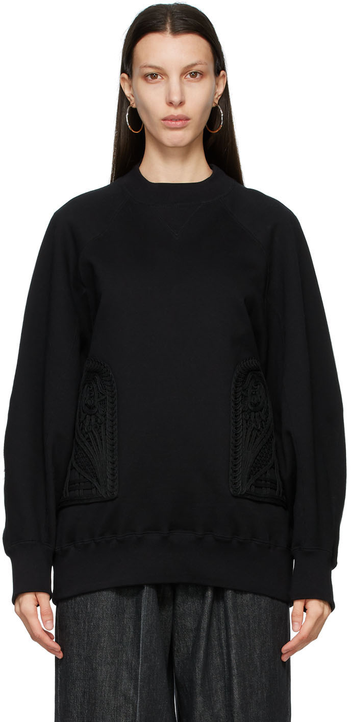 Mame Kurogouchi: Black Embroidered Oversized Sweatshirt | SSENSE