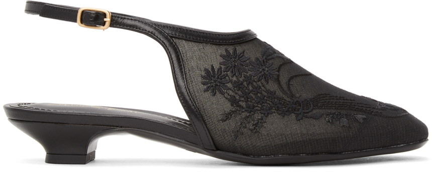 Black Floral Embroidered Slingback Slippers by Mame Kurogouchi on Sale