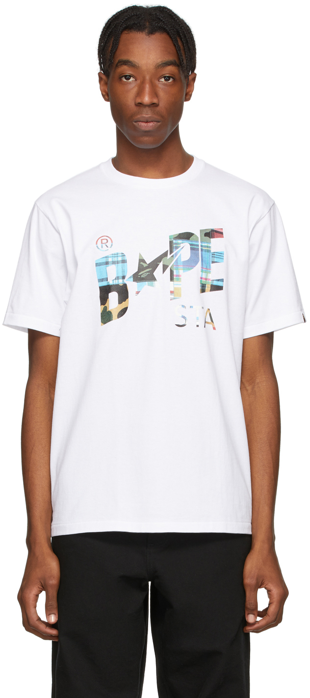 BAPE: White Patchwork Logo T-Shirt | SSENSE Canada