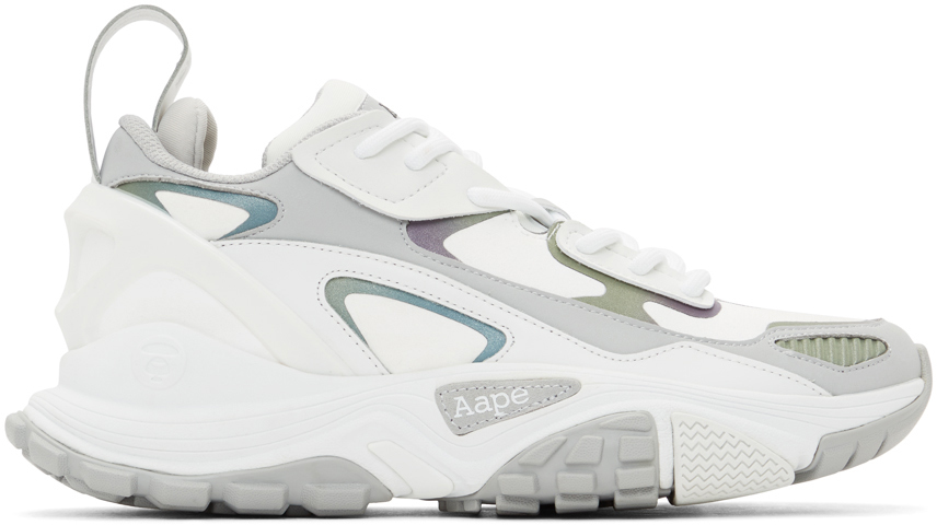 AAPE by A Bathing Ape: White & Grey Iridescent Dimension Sneakers | SSENSE