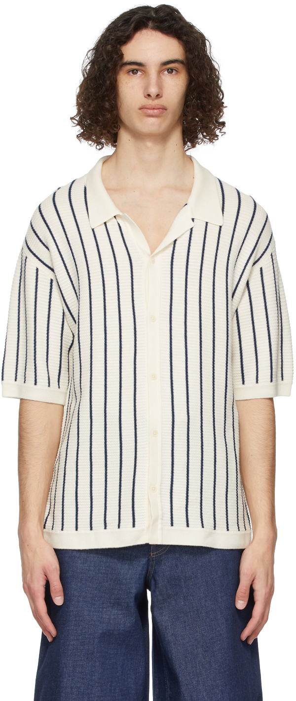 King & Tuckfield: Off-White Wool Striped Camp Short Sleeve Shirt | SSENSE