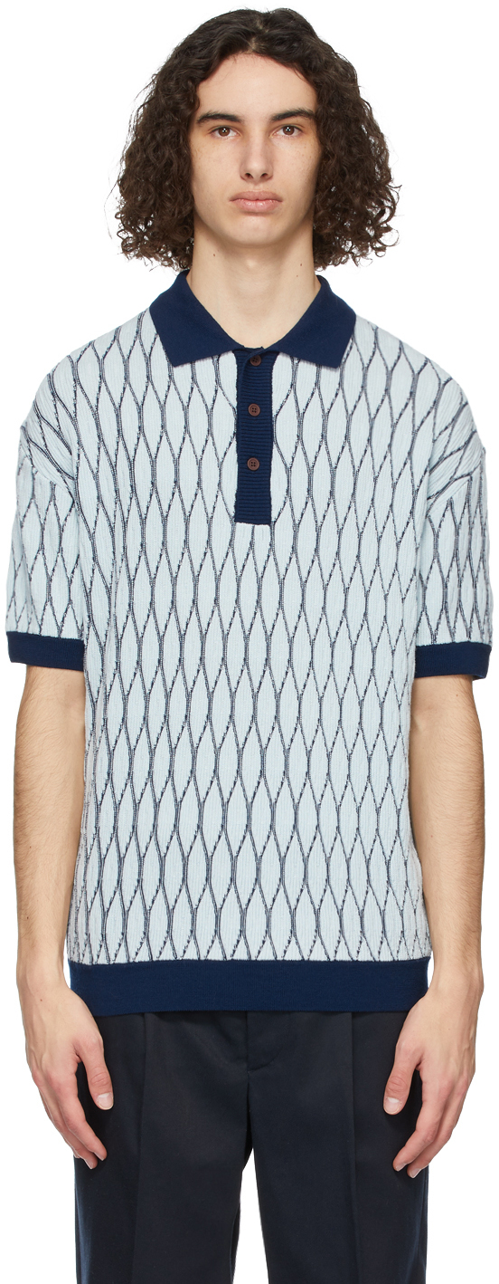 King & Tuckfield: SSENSE Exclusive Blue Wool Textured Polo | SSENSE
