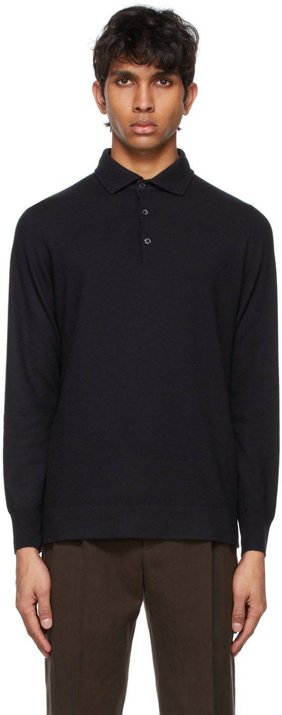 Loro Piana: Black Cashmere Long Sleeve Polo | SSENSE