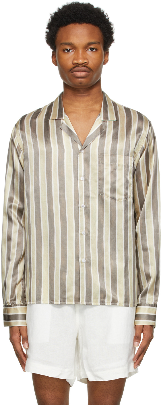 Tan & Grey Silk Flag Stripe Shirt