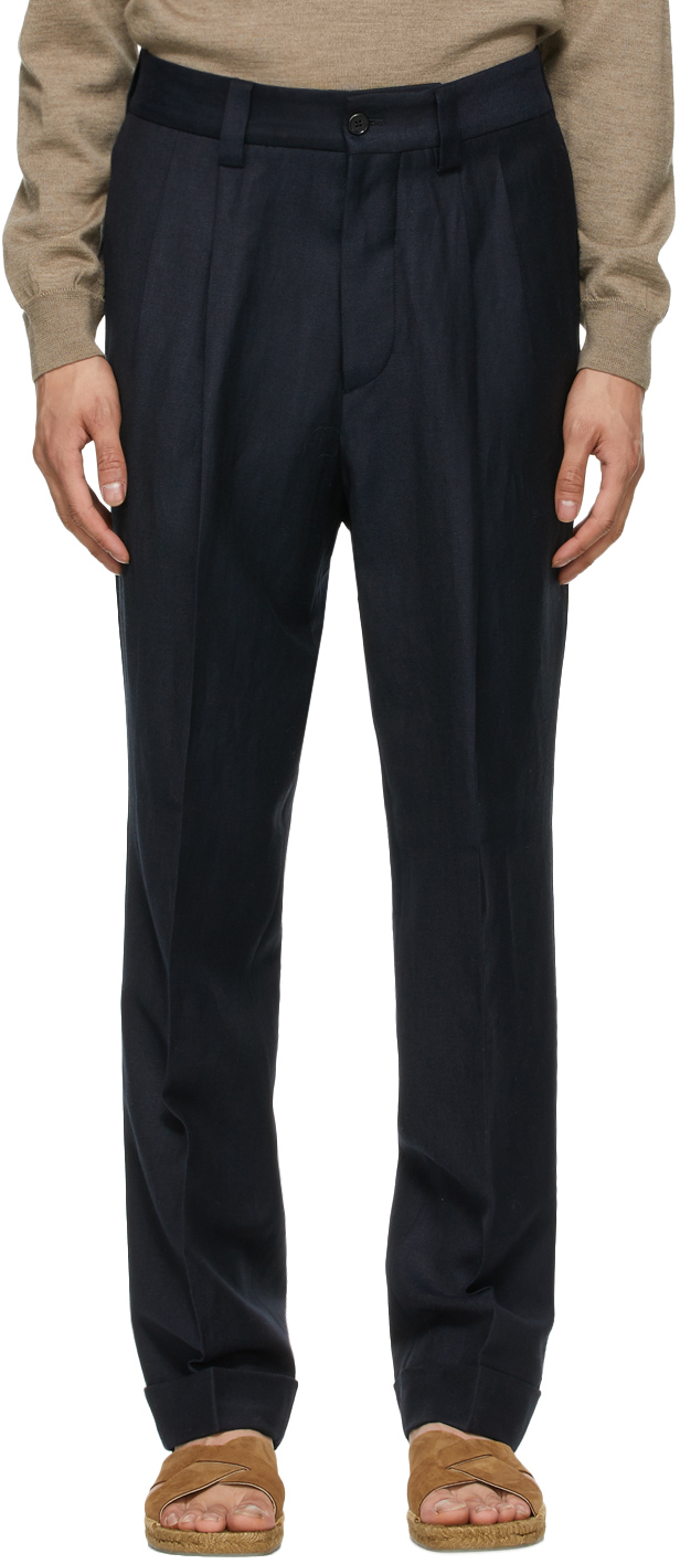 Navy Wool Dense Twill Trousers by Margaret Howell on Sale