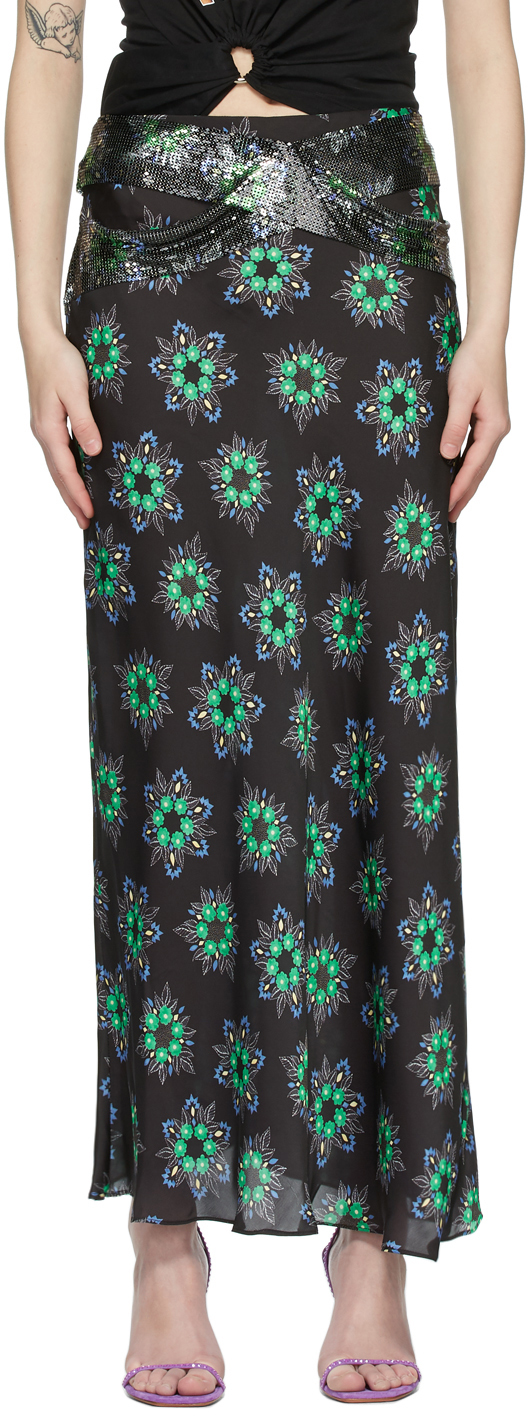 Paco Rabanne Black Geometric Floral Midi Skirt
