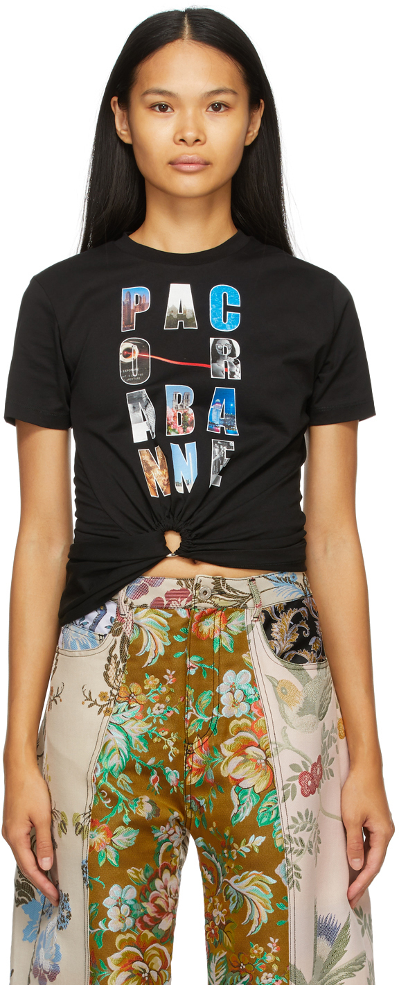 Paco Rabanne: Black Block Logo Gathered T-Shirt | SSENSE
