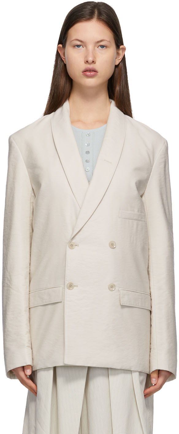 LEMAIRE: Beige Belted Double-Breasted Blazer | SSENSE