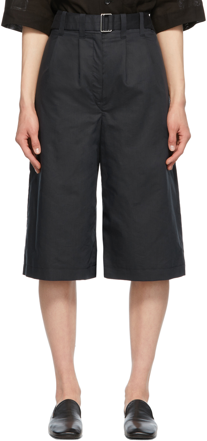 Lemaire Navy Silk Pleated Bermuda Shorts