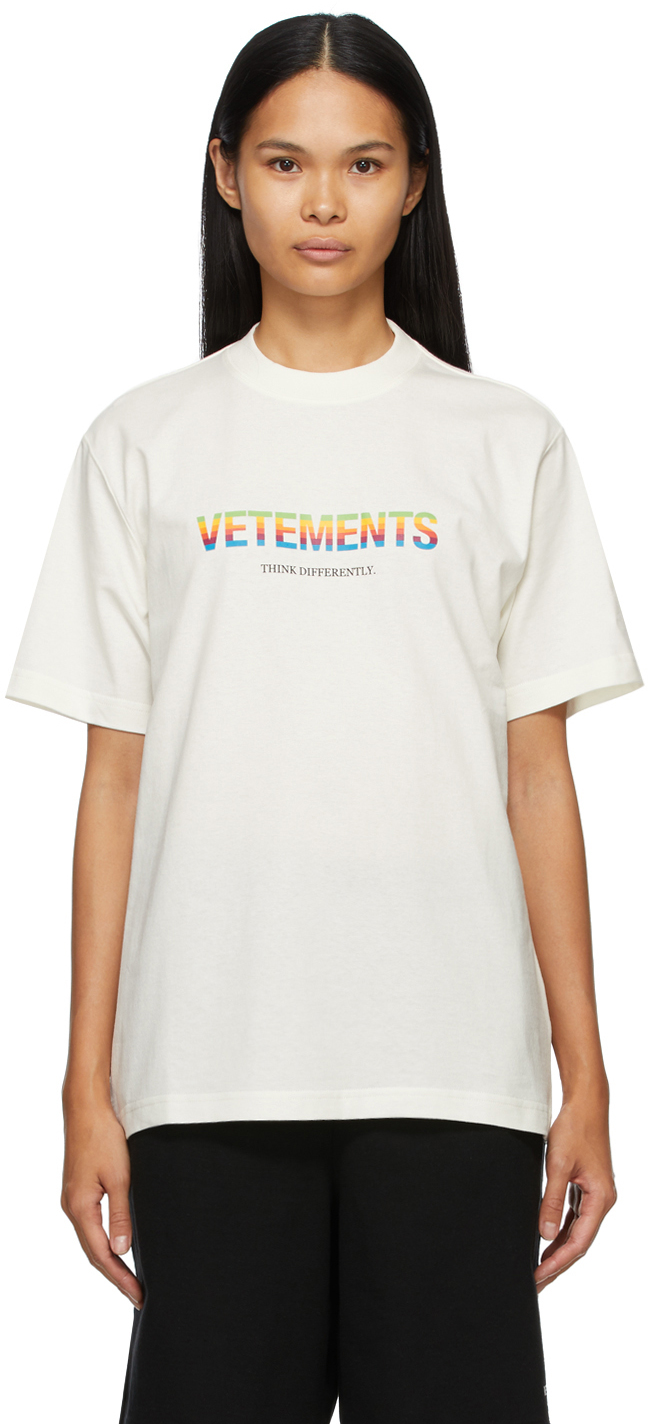 VETEMENTS: Off-White 'Think Differently' Logo T-Shirt | SSENSE