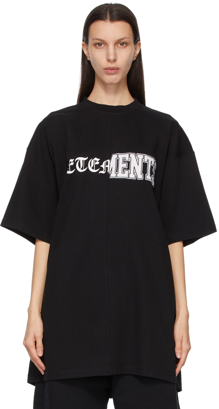 VETEMENTS: Black Vertical Cut-Up Logo T-Shirt | SSENSE