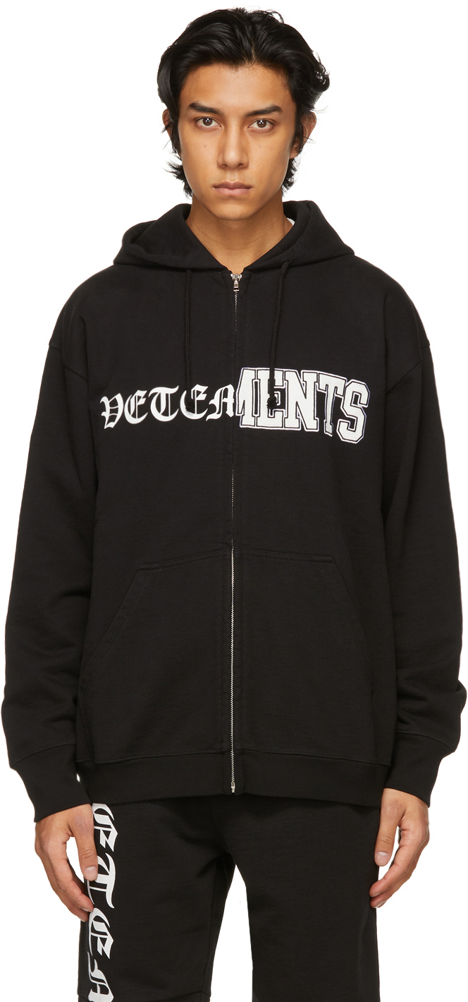 VETEMENTS: Black Vertical Cut-Up Logo Zip-Up Hoodie | SSENSE