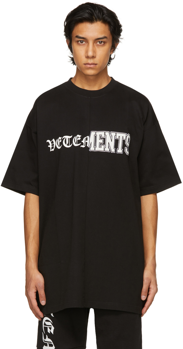 VETEMENTS: Black Vertical Cut-Up Logo T-Shirt | SSENSE