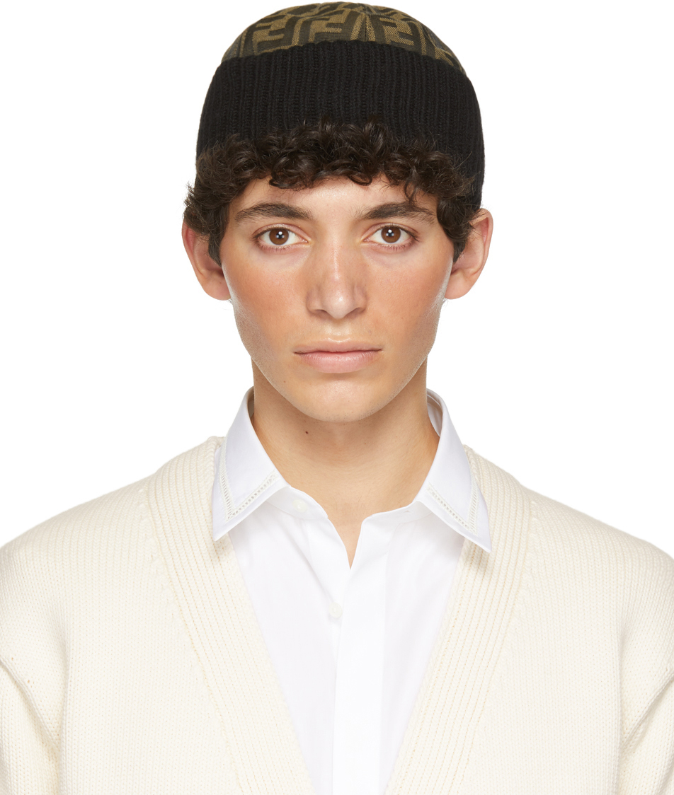 FENDI BLACK & BROWN JACQUARD SKULLCAP BEANIE