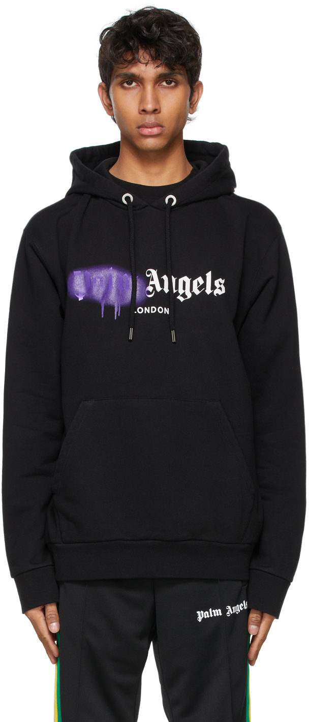Palm Angels: Black & Purple Sprayed Logo 'London' Hoodie | SSENSE
