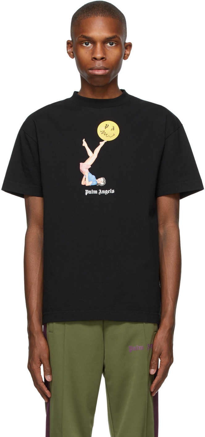 Palm Angels: Black Smiley Edition Juggler Pin-Up T-Shirt | SSENSE UK