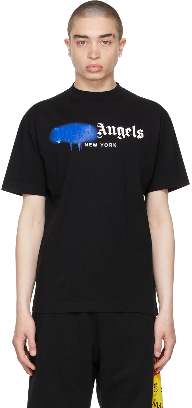 PALM ANGELS BLACK & BLUE SPRAYED LOGO 'NEW YORK' T-SHIRT