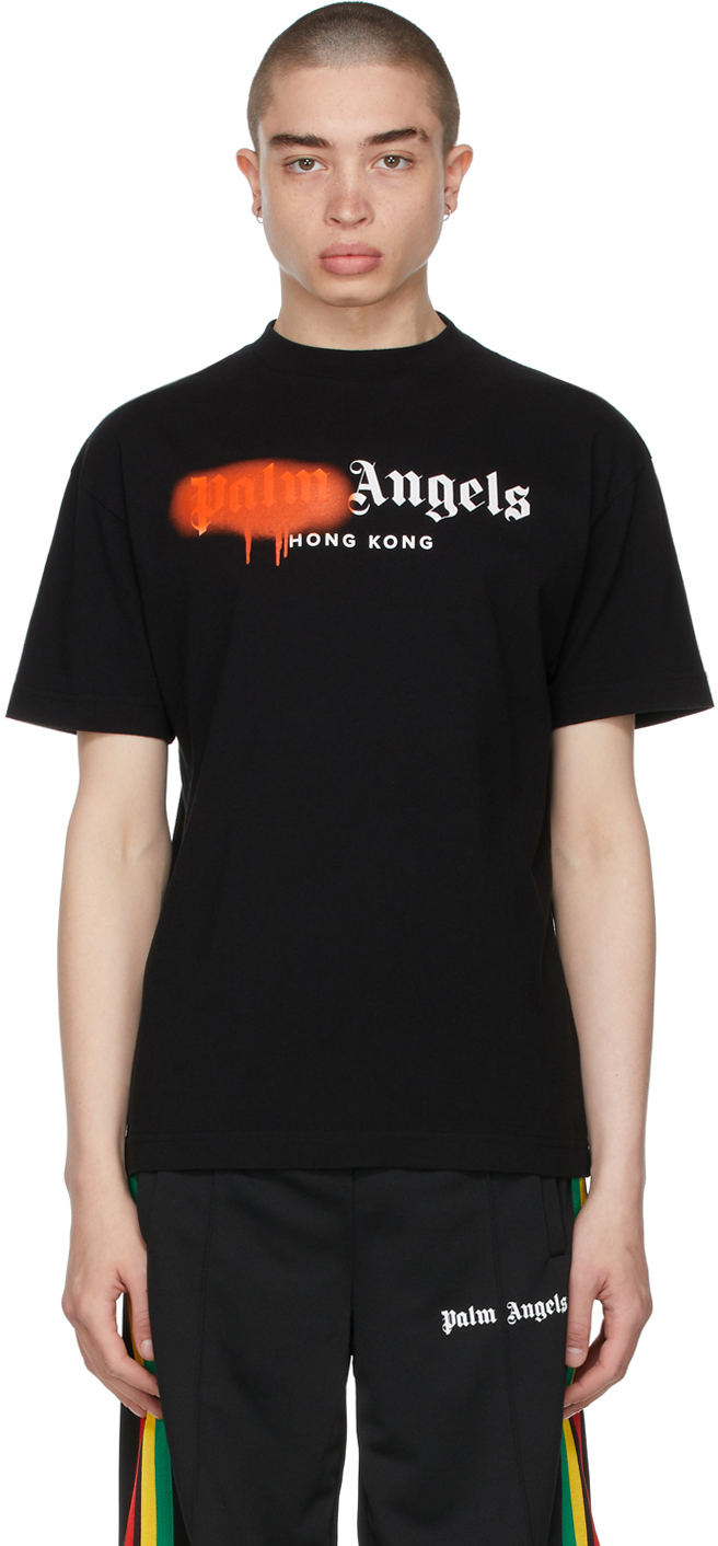 PALM ANGELS BLACK & ORANGE SPRAYED LOGO 'HONG KONG' T-SHIRT