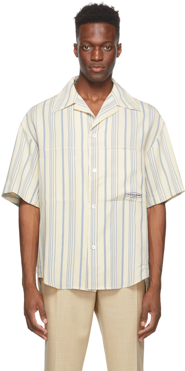 Beige Striped Short Sleeve Shirt by Wooyoungmi on Sale