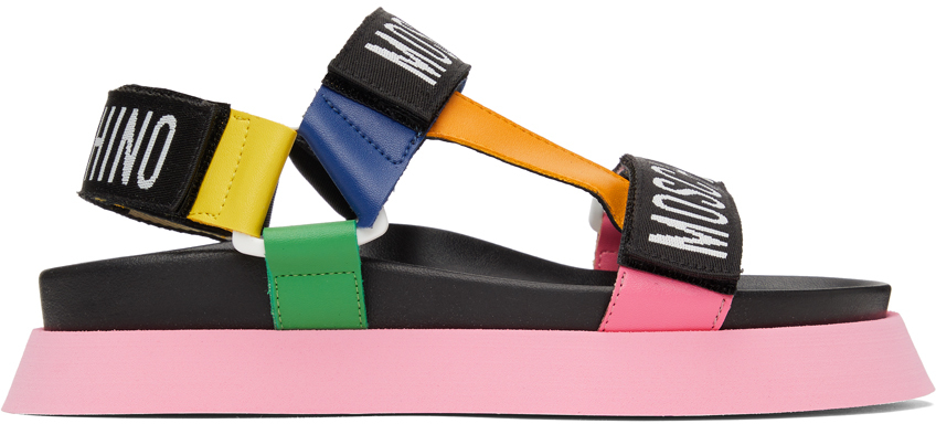 Moschino: Black u0026 Multicolor Platform Logo Tape Sandals | SSENSE