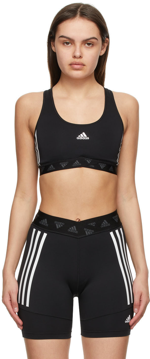 adidas Training 3 stripe medium support sports bra in black