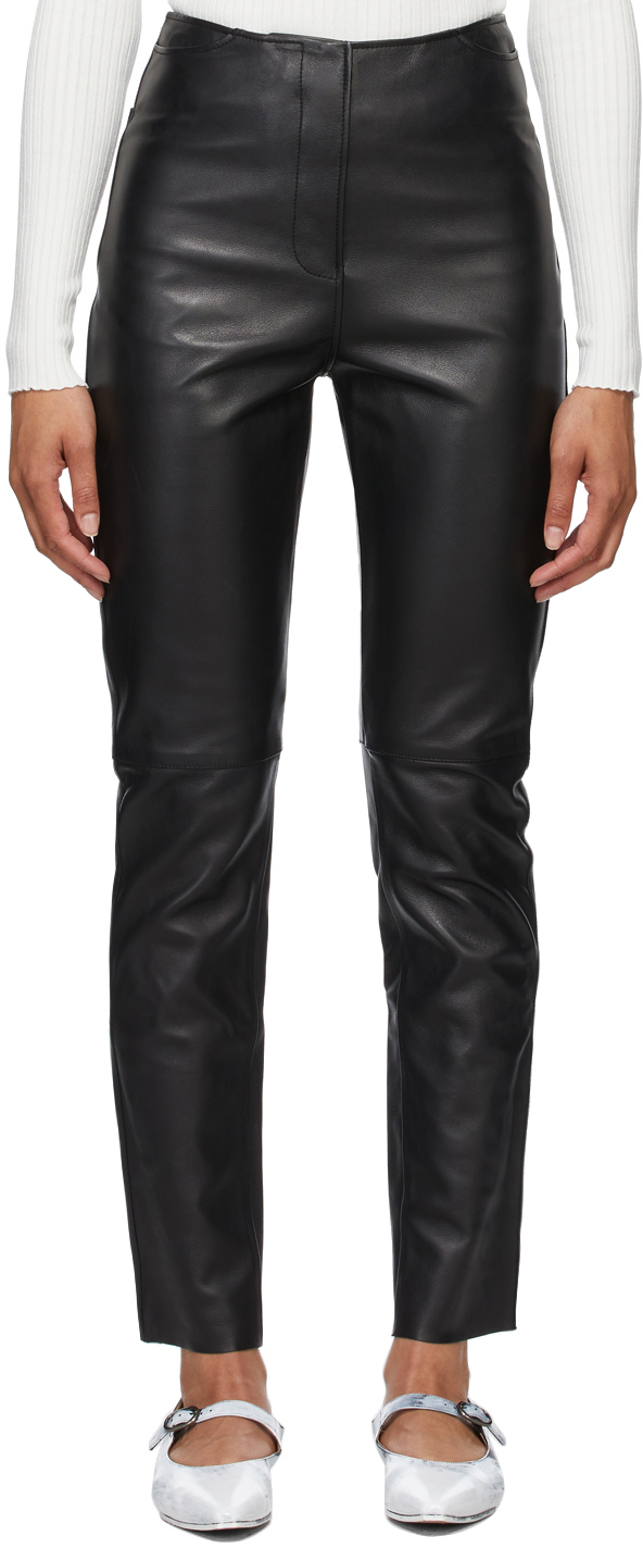 Black Leather Straight Trousers by TOTEME on Sale