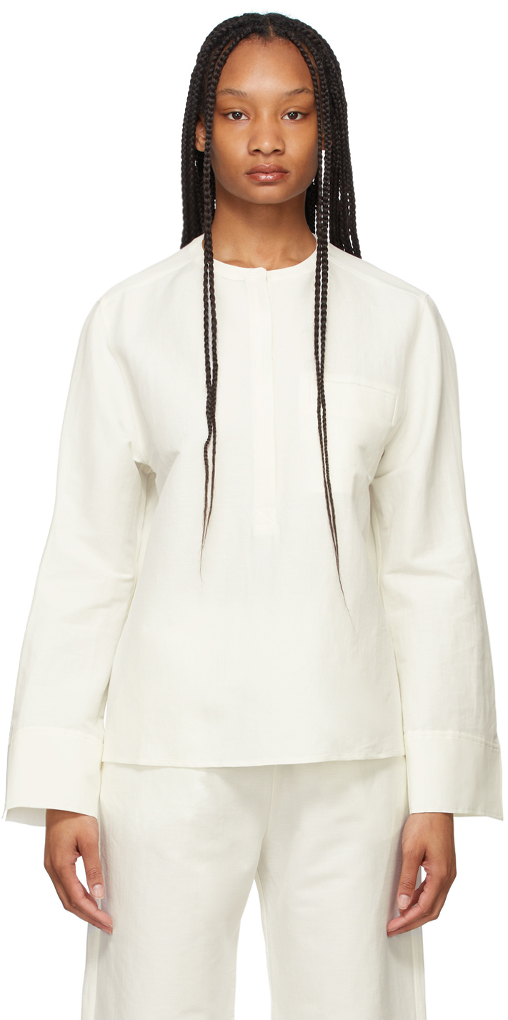 White Linen Half Button Shirt by Totême on Sale