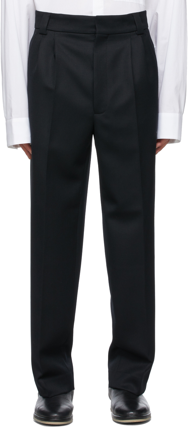 Black Wool Double Pleated Trousers by 
