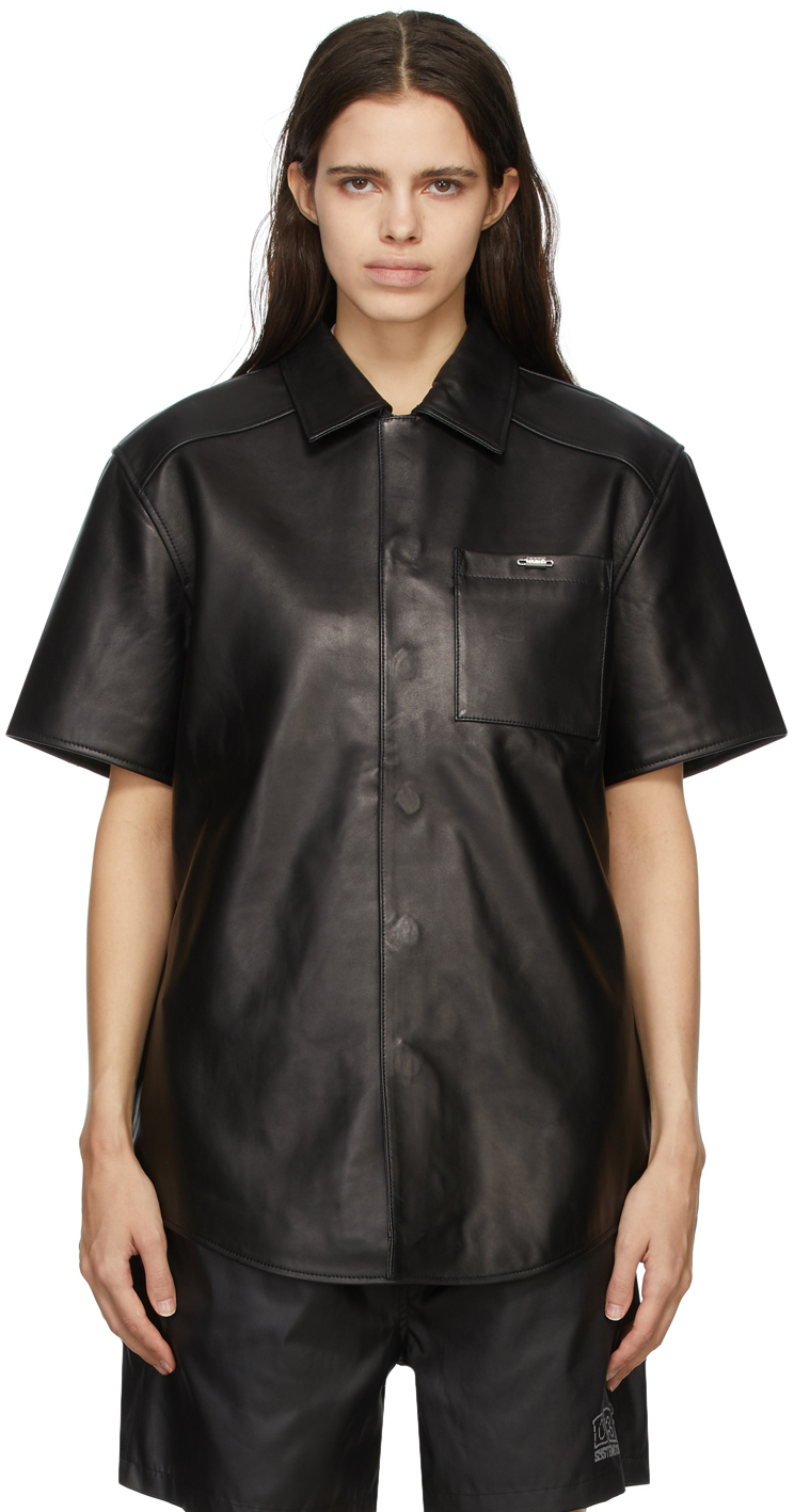 Black Leather Short Sleeve Shirt by 