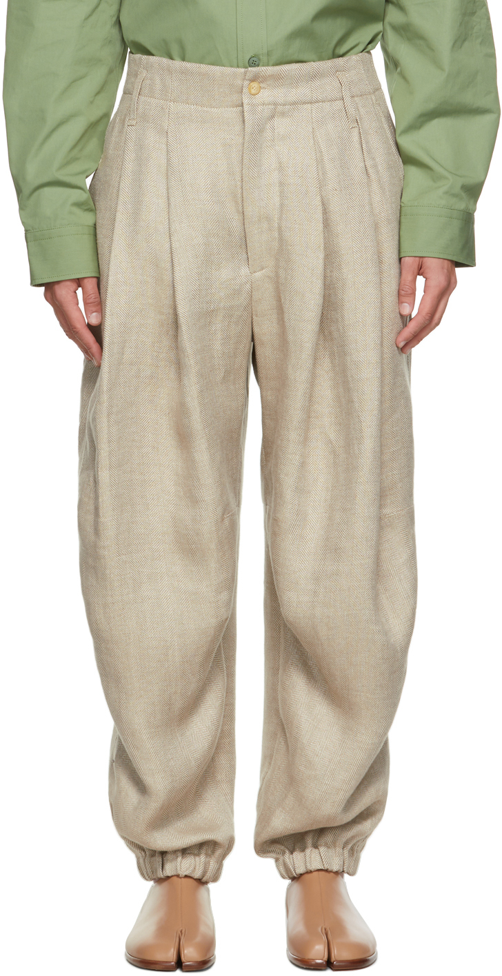 Hed Mayner: Taupe Linen Herringbone Trousers | SSENSE