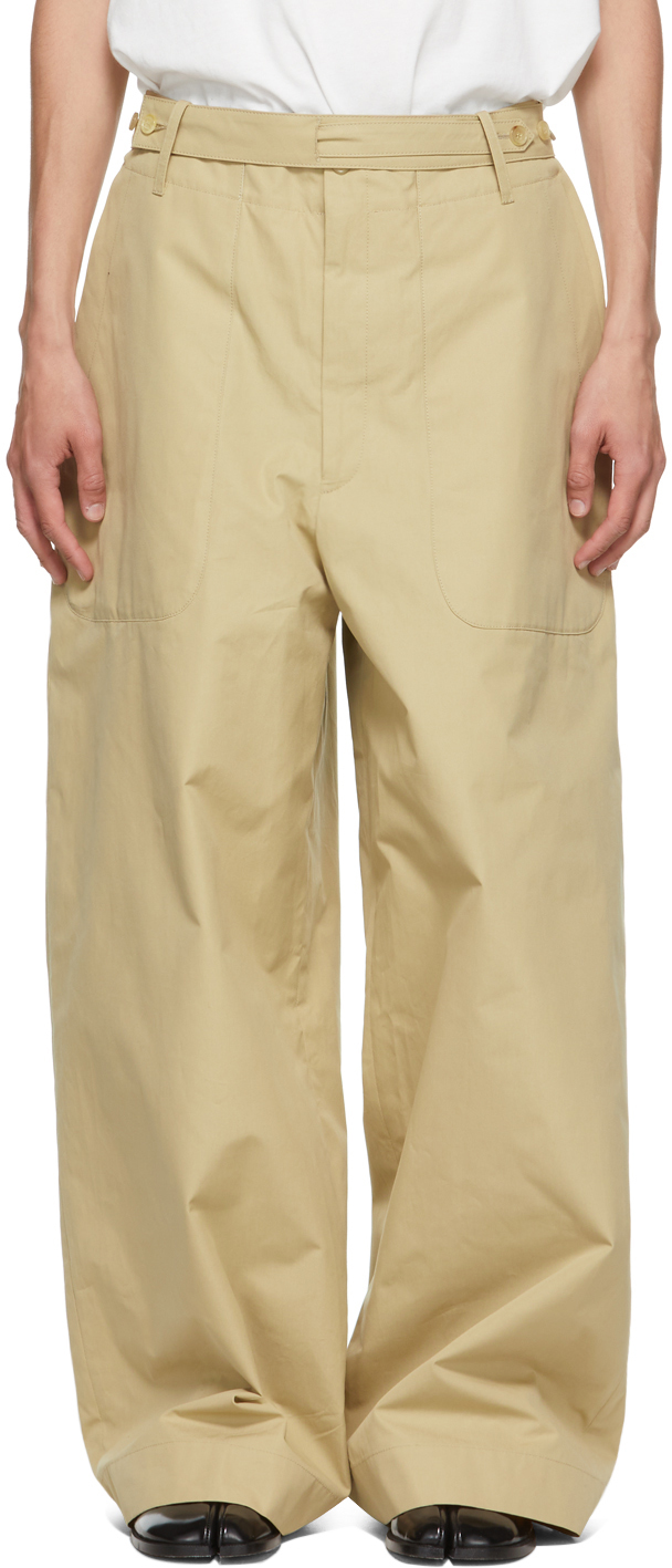 Hed Mayner: Beige Cotton Belted Trousers | SSENSE