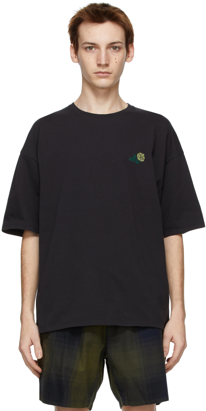 Saturdays NYC: Black Embroidered Rose T-Shirt | SSENSE